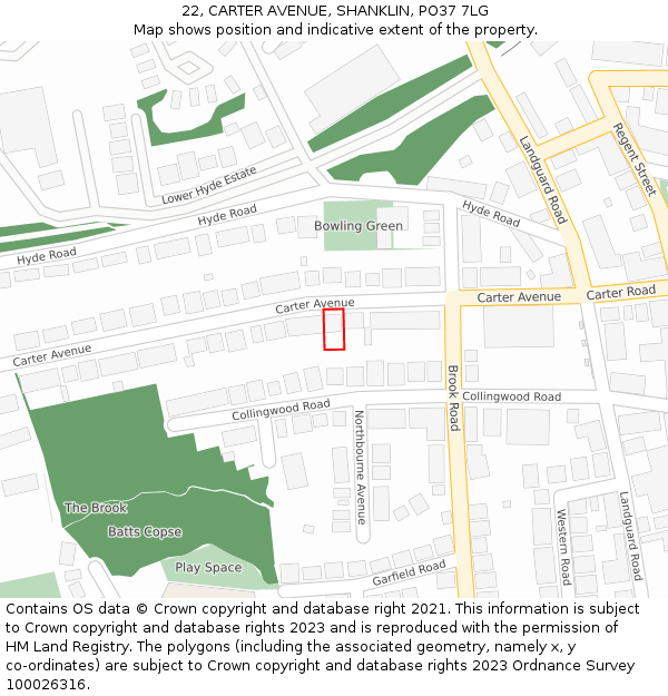 22, CARTER AVENUE, SHANKLIN, PO37 7LG: Location map and indicative extent of plot