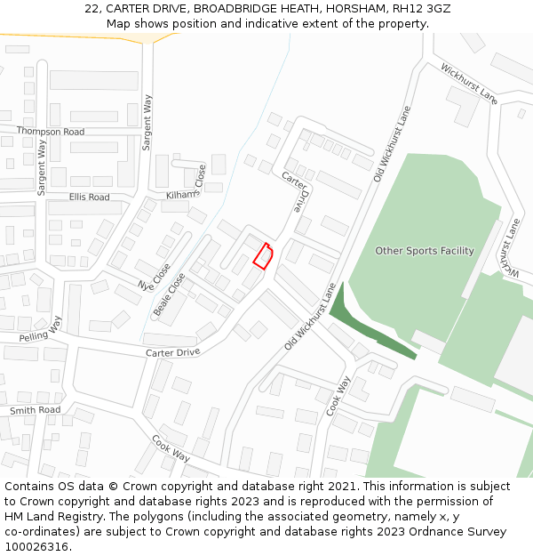 22, CARTER DRIVE, BROADBRIDGE HEATH, HORSHAM, RH12 3GZ: Location map and indicative extent of plot