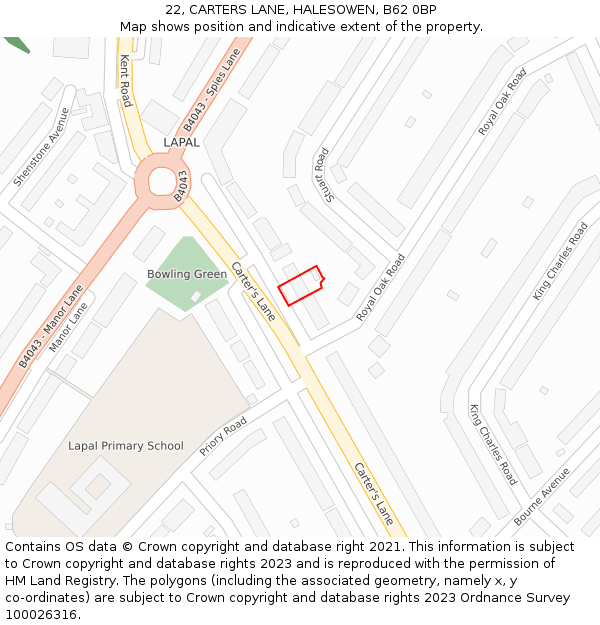 22, CARTERS LANE, HALESOWEN, B62 0BP: Location map and indicative extent of plot