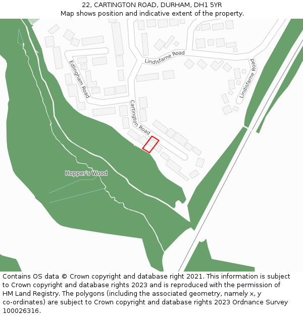22, CARTINGTON ROAD, DURHAM, DH1 5YR: Location map and indicative extent of plot