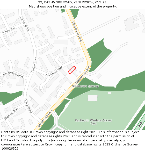 22, CASHMORE ROAD, KENILWORTH, CV8 2SJ: Location map and indicative extent of plot