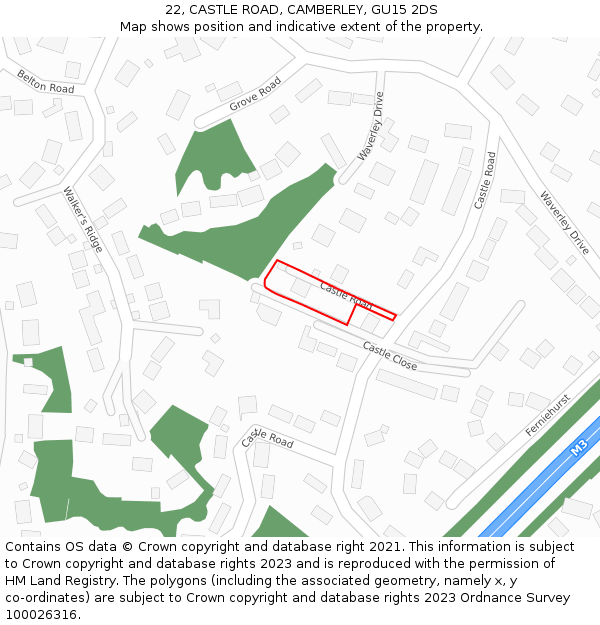 22, CASTLE ROAD, CAMBERLEY, GU15 2DS: Location map and indicative extent of plot