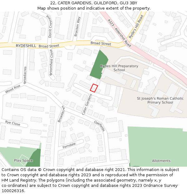 22, CATER GARDENS, GUILDFORD, GU3 3BY: Location map and indicative extent of plot