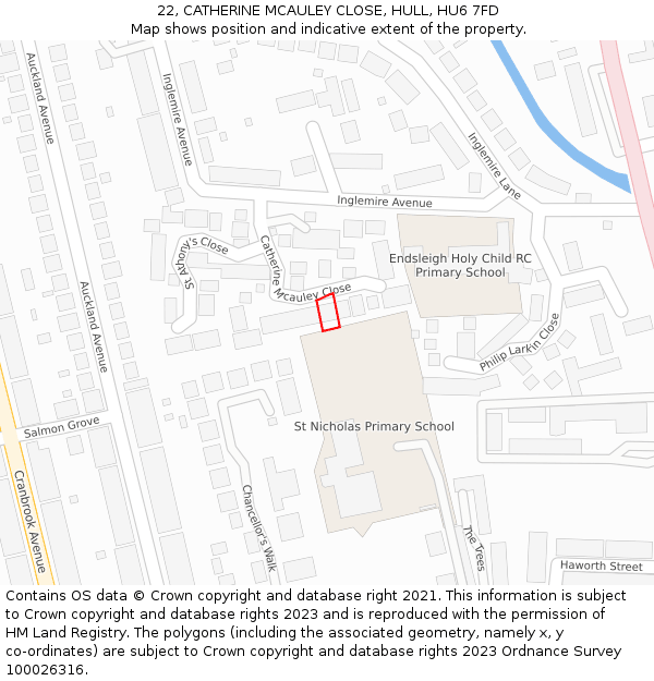 22, CATHERINE MCAULEY CLOSE, HULL, HU6 7FD: Location map and indicative extent of plot