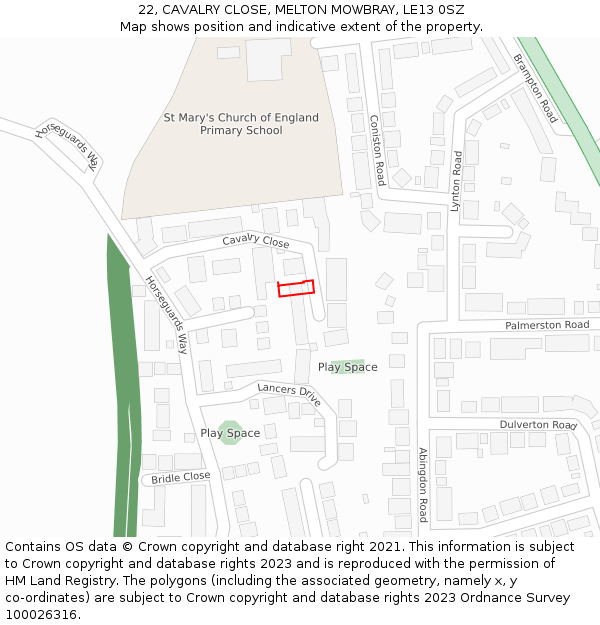 22, CAVALRY CLOSE, MELTON MOWBRAY, LE13 0SZ: Location map and indicative extent of plot