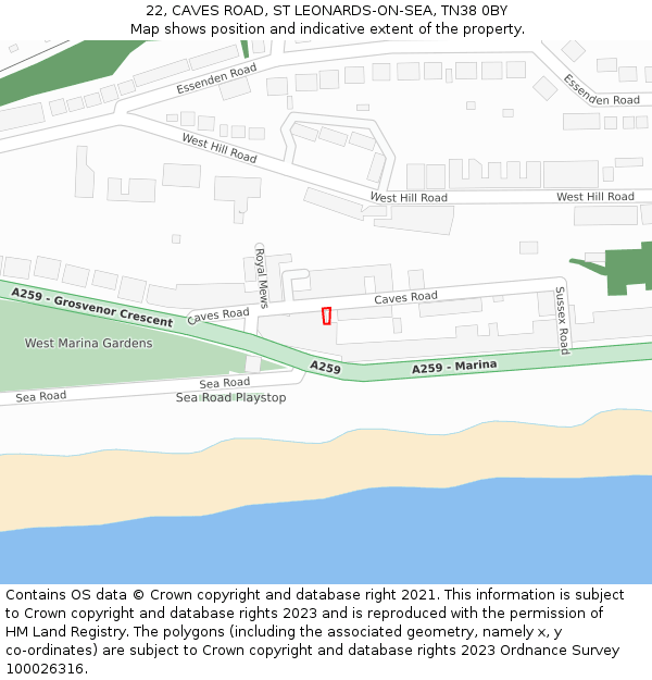 22, CAVES ROAD, ST LEONARDS-ON-SEA, TN38 0BY: Location map and indicative extent of plot