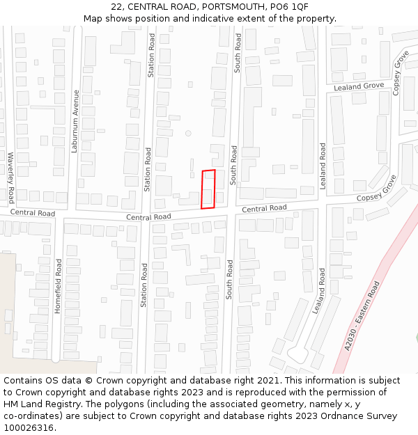 22, CENTRAL ROAD, PORTSMOUTH, PO6 1QF: Location map and indicative extent of plot