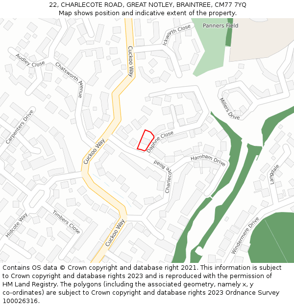 22, CHARLECOTE ROAD, GREAT NOTLEY, BRAINTREE, CM77 7YQ: Location map and indicative extent of plot