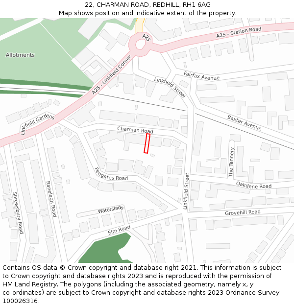 22, CHARMAN ROAD, REDHILL, RH1 6AG: Location map and indicative extent of plot