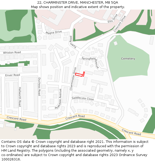 22, CHARMINSTER DRIVE, MANCHESTER, M8 5QA: Location map and indicative extent of plot