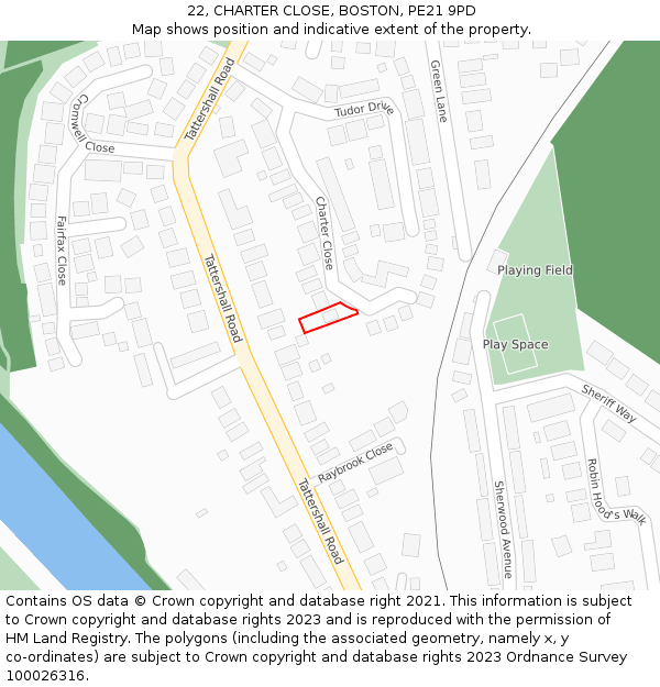 22, CHARTER CLOSE, BOSTON, PE21 9PD: Location map and indicative extent of plot