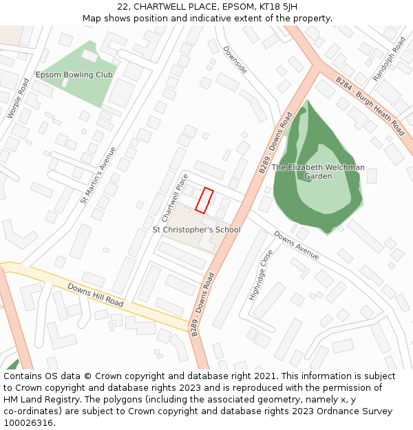 22, CHARTWELL PLACE, EPSOM, KT18 5JH: Location map and indicative extent of plot