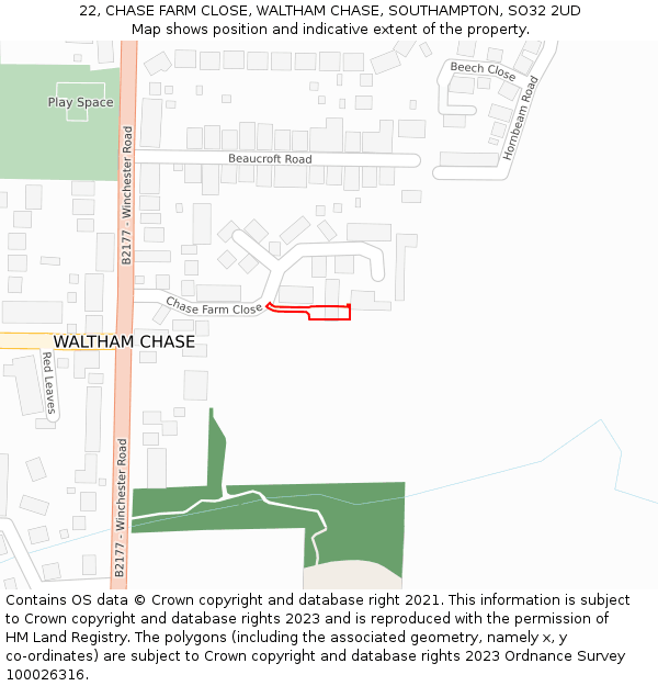 22, CHASE FARM CLOSE, WALTHAM CHASE, SOUTHAMPTON, SO32 2UD: Location map and indicative extent of plot