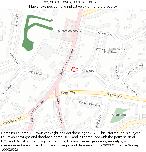 22, CHASE ROAD, BRISTOL, BS15 1TS: Location map and indicative extent of plot