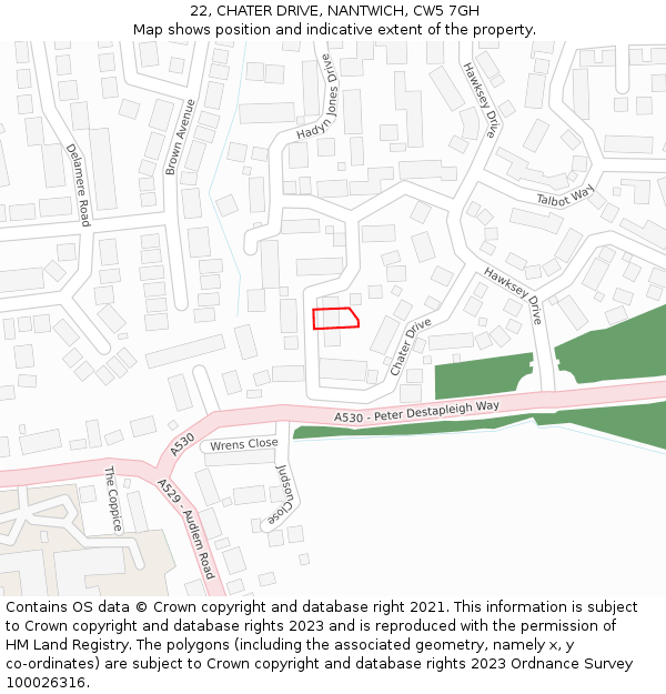 22, CHATER DRIVE, NANTWICH, CW5 7GH: Location map and indicative extent of plot