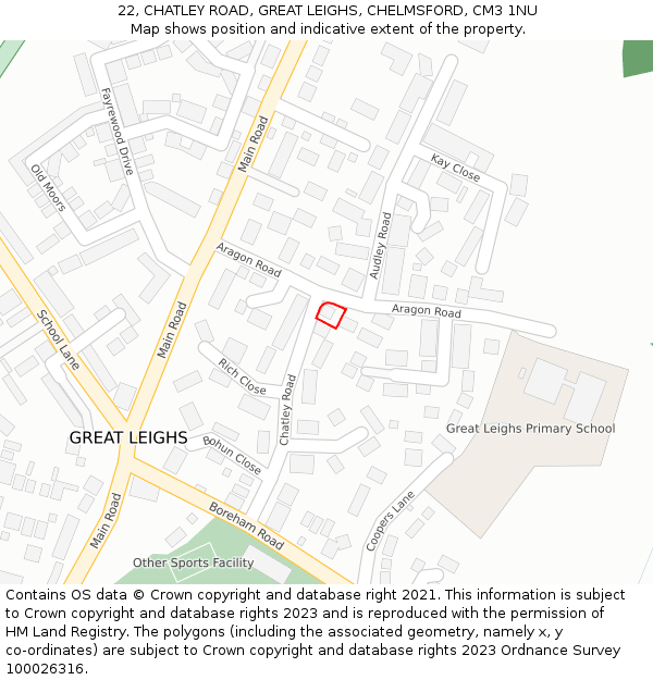 22, CHATLEY ROAD, GREAT LEIGHS, CHELMSFORD, CM3 1NU: Location map and indicative extent of plot