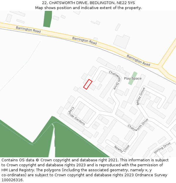 22, CHATSWORTH DRIVE, BEDLINGTON, NE22 5YS: Location map and indicative extent of plot