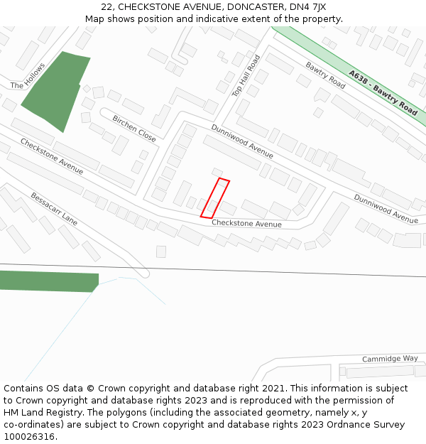 22, CHECKSTONE AVENUE, DONCASTER, DN4 7JX: Location map and indicative extent of plot