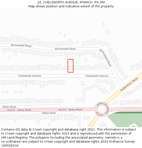 22, CHELSWORTH AVENUE, IPSWICH, IP4 3AY: Location map and indicative extent of plot