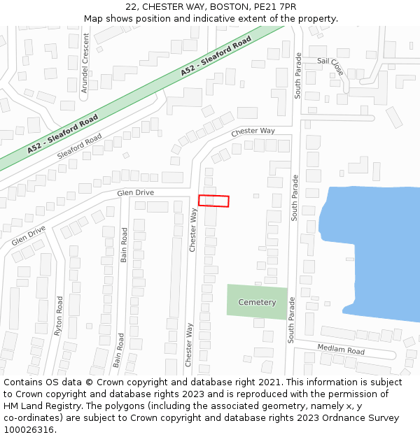 22, CHESTER WAY, BOSTON, PE21 7PR: Location map and indicative extent of plot