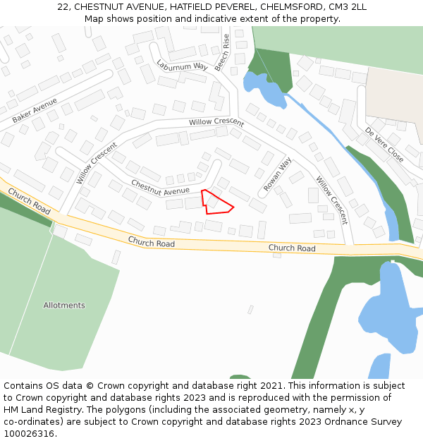 22, CHESTNUT AVENUE, HATFIELD PEVEREL, CHELMSFORD, CM3 2LL: Location map and indicative extent of plot