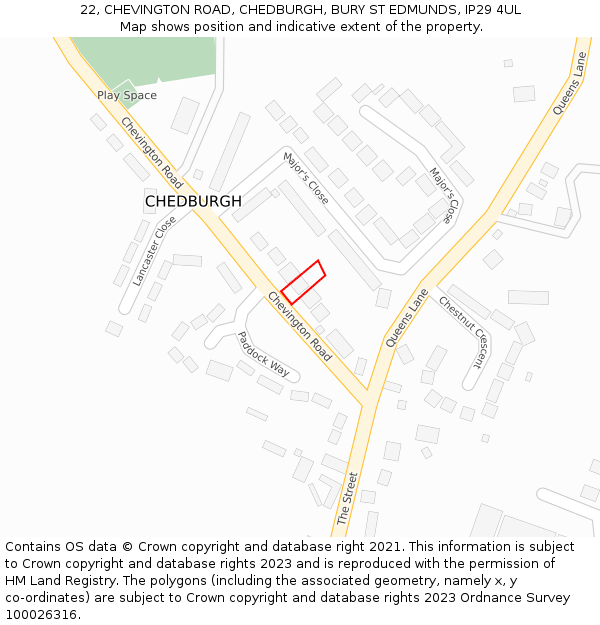 22, CHEVINGTON ROAD, CHEDBURGH, BURY ST EDMUNDS, IP29 4UL: Location map and indicative extent of plot