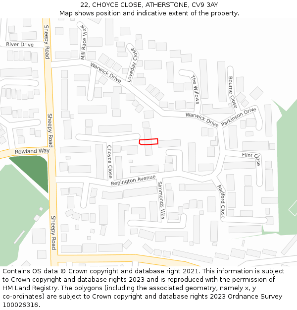 22, CHOYCE CLOSE, ATHERSTONE, CV9 3AY: Location map and indicative extent of plot