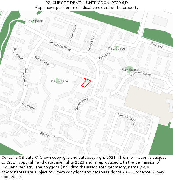 22, CHRISTIE DRIVE, HUNTINGDON, PE29 6JD: Location map and indicative extent of plot