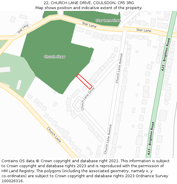 22, CHURCH LANE DRIVE, COULSDON, CR5 3RG: Location map and indicative extent of plot