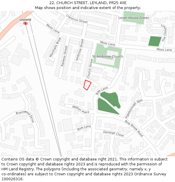 22, CHURCH STREET, LEYLAND, PR25 4XE: Location map and indicative extent of plot