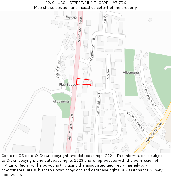 22, CHURCH STREET, MILNTHORPE, LA7 7DX: Location map and indicative extent of plot