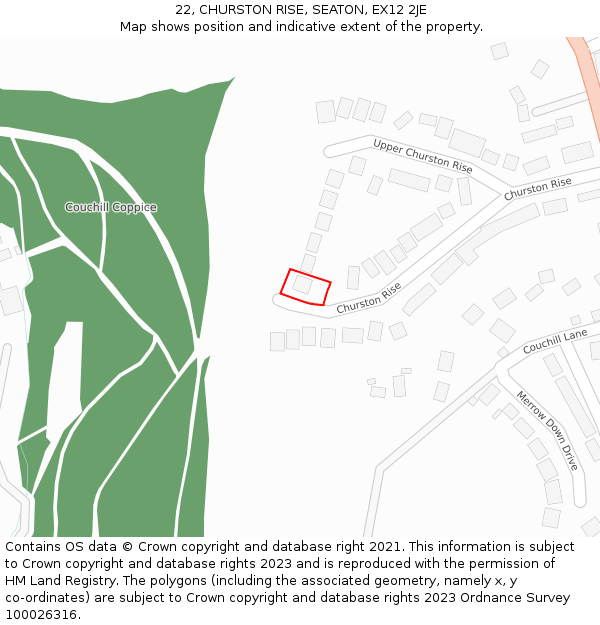 22, CHURSTON RISE, SEATON, EX12 2JE: Location map and indicative extent of plot