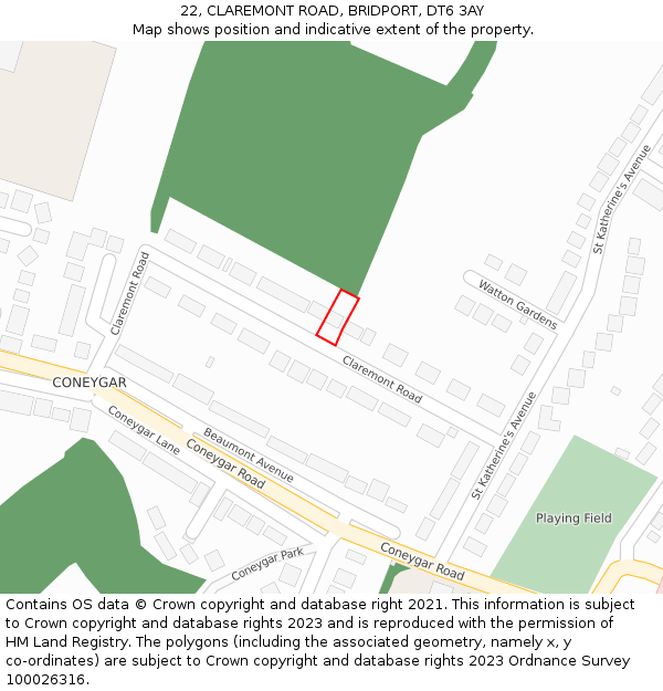 22, CLAREMONT ROAD, BRIDPORT, DT6 3AY: Location map and indicative extent of plot