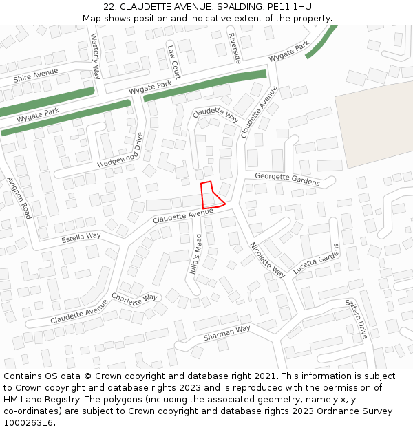 22, CLAUDETTE AVENUE, SPALDING, PE11 1HU: Location map and indicative extent of plot