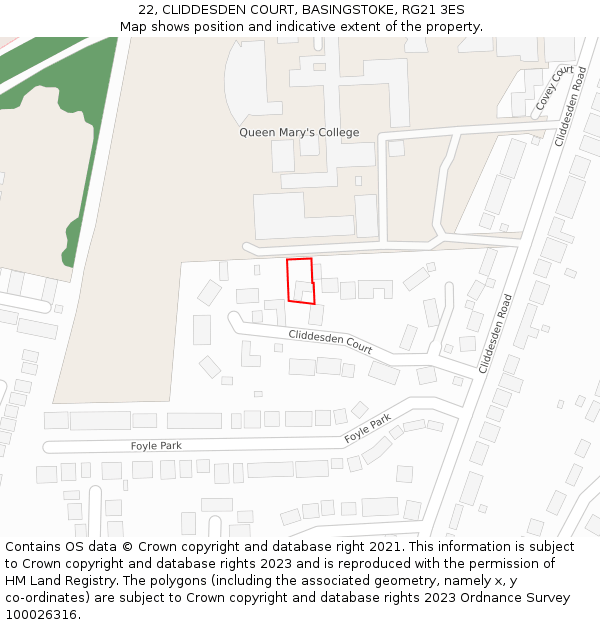 22, CLIDDESDEN COURT, BASINGSTOKE, RG21 3ES: Location map and indicative extent of plot