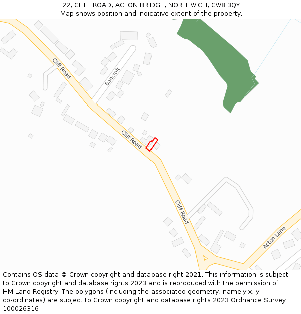 22, CLIFF ROAD, ACTON BRIDGE, NORTHWICH, CW8 3QY: Location map and indicative extent of plot