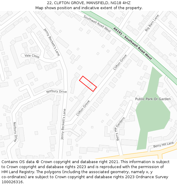 22, CLIFTON GROVE, MANSFIELD, NG18 4HZ: Location map and indicative extent of plot