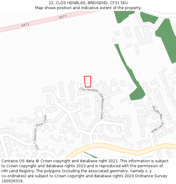 22, CLOS HENBLAS, BRIDGEND, CF31 5EU: Location map and indicative extent of plot