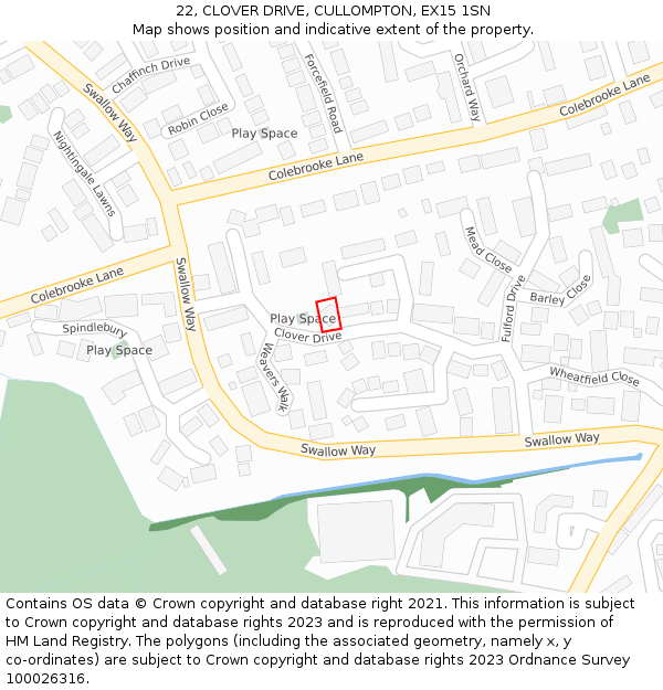 22, CLOVER DRIVE, CULLOMPTON, EX15 1SN: Location map and indicative extent of plot