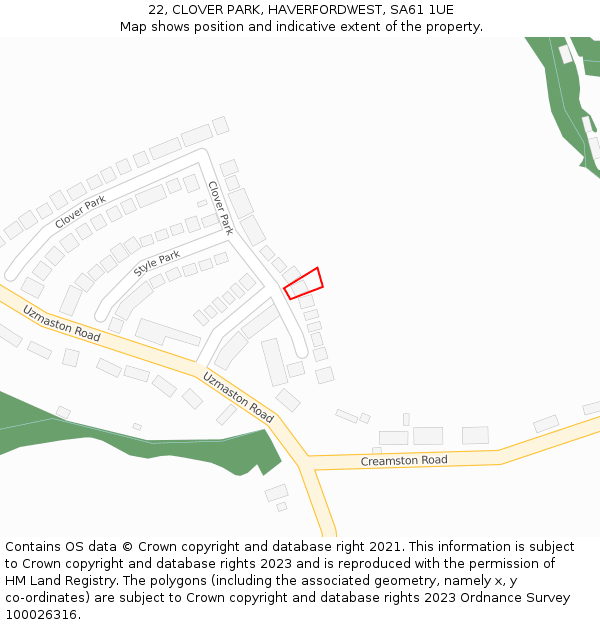 22, CLOVER PARK, HAVERFORDWEST, SA61 1UE: Location map and indicative extent of plot