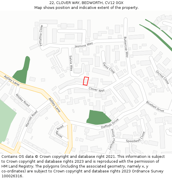 22, CLOVER WAY, BEDWORTH, CV12 0GX: Location map and indicative extent of plot