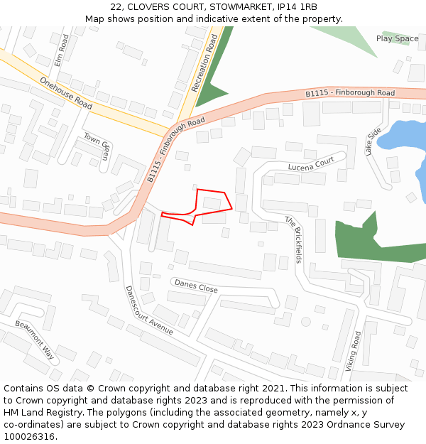 22, CLOVERS COURT, STOWMARKET, IP14 1RB: Location map and indicative extent of plot