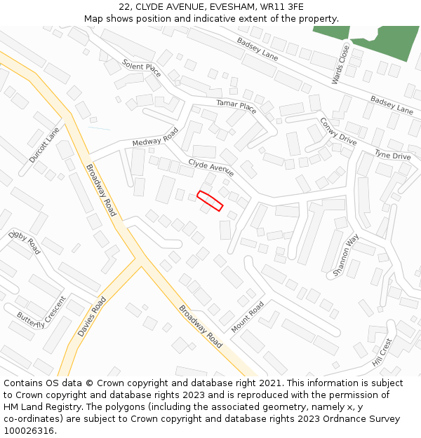 22, CLYDE AVENUE, EVESHAM, WR11 3FE: Location map and indicative extent of plot
