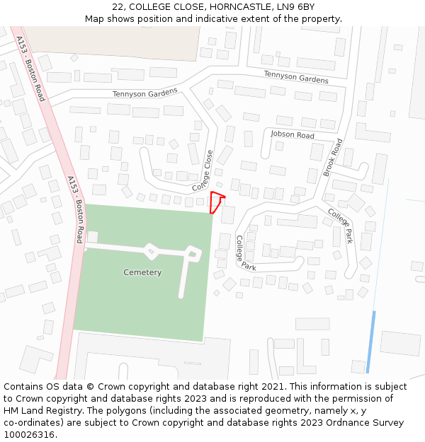 22, COLLEGE CLOSE, HORNCASTLE, LN9 6BY: Location map and indicative extent of plot