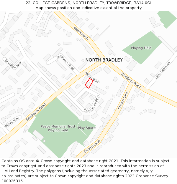 22, COLLEGE GARDENS, NORTH BRADLEY, TROWBRIDGE, BA14 0SL: Location map and indicative extent of plot