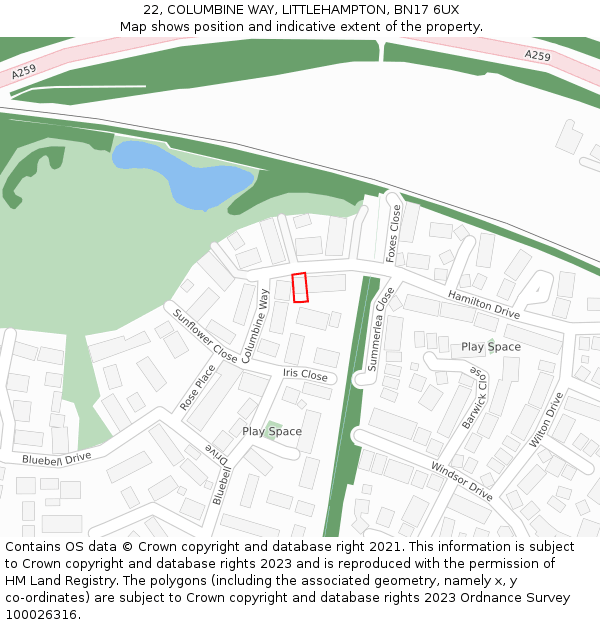 22, COLUMBINE WAY, LITTLEHAMPTON, BN17 6UX: Location map and indicative extent of plot