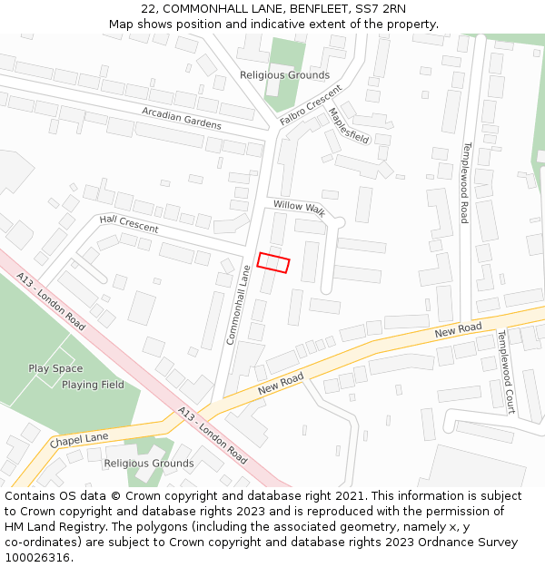 22, COMMONHALL LANE, BENFLEET, SS7 2RN: Location map and indicative extent of plot