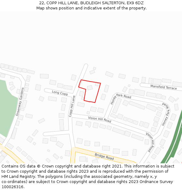 22, COPP HILL LANE, BUDLEIGH SALTERTON, EX9 6DZ: Location map and indicative extent of plot