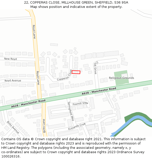 22, COPPERAS CLOSE, MILLHOUSE GREEN, SHEFFIELD, S36 9SA: Location map and indicative extent of plot