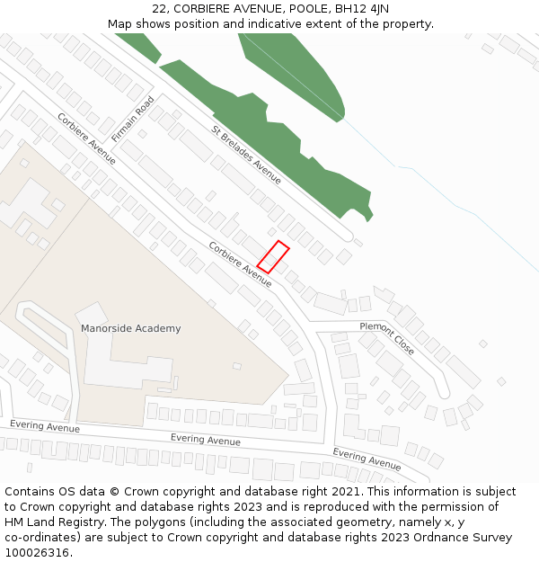 22, CORBIERE AVENUE, POOLE, BH12 4JN: Location map and indicative extent of plot